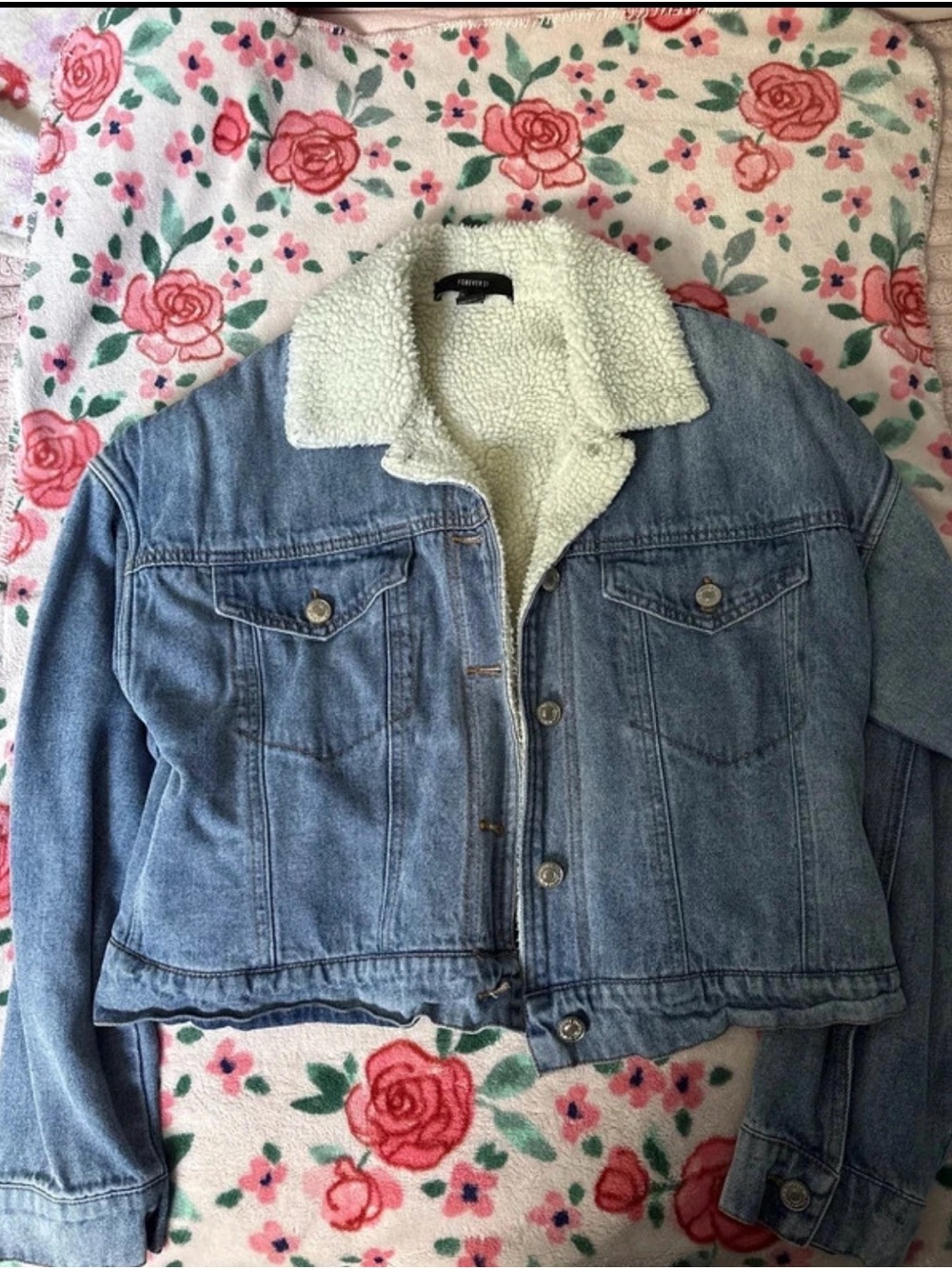 Forever 21 Light Blue Denim Jacket with Cream Sherpa Collar